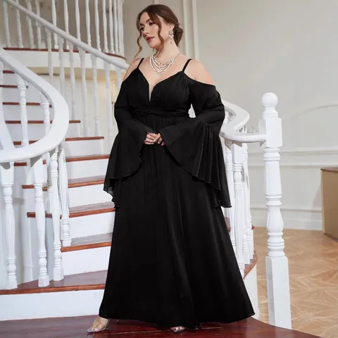 Damen Übergrößen Schulterfrei V-Ausschnitt Chiffon Abendkleid Elegant Glockenärmel Hoher Schlitz Bankett Brautjungfer Maxi Kleid