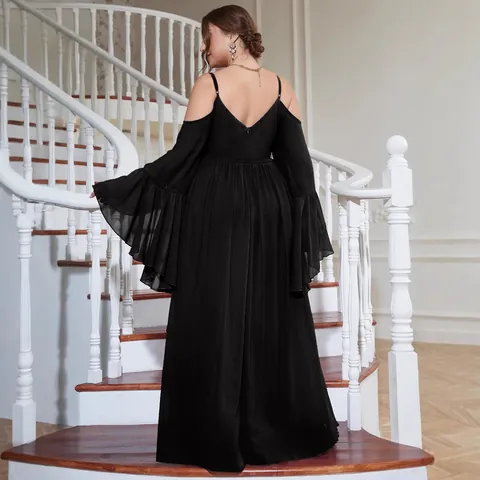 Damen Übergrößen Schulterfrei V-Ausschnitt Chiffon Abendkleid Elegant Glockenärmel Hoher Schlitz Bankett Brautjungfer Maxi Kleid