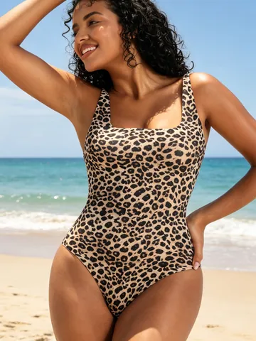 Costume Intero da Donna Sexy con Schiena Scoperta Stampa Leopardata Sgambato Bodysuit in Poliammide ed Elastan Beachwear