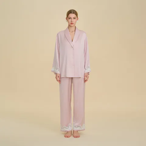 Pyjama en Satin de Luxe Femme Haut à Manches Longues et Pantalon Long avec Bordure en Dentelle Style Français Vêtements de Nuit