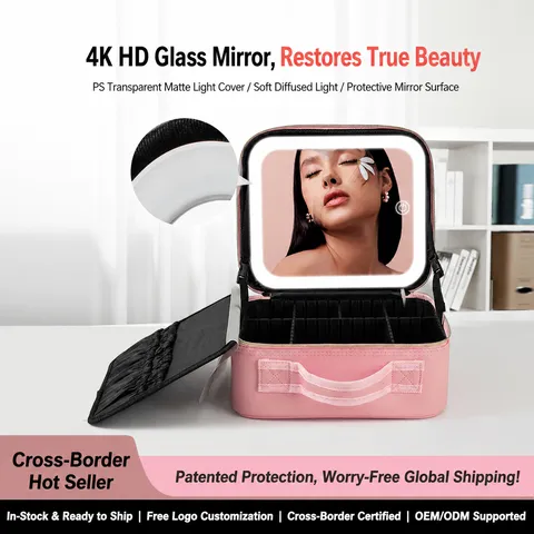 Travel Makeup Bag With LED Mirror PU Leather Portable Cosmetic Case Adjustable Dividers Waterproof Storage Organizer For Women