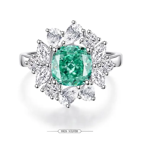 S925 Sterling Silver Paraiba Green Pink Zirconia Ring For Women Luxurious Vintage Flower Halo Cluster Adjustable Finger Ring Jewelry Gift