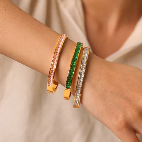 Bracelet Jonc En Acier Inoxydable Plaqué Or 18K Style INS Pour Femmes Avec Incrustation De Zircon Rectangulaire