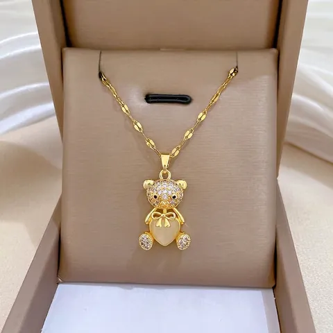 Collana Con Ciondolo Orsetto Catena In Acciaio Inossidabile Rame Zircone Cuore Pietra Occhio Di Gatto Gioielli Lusso