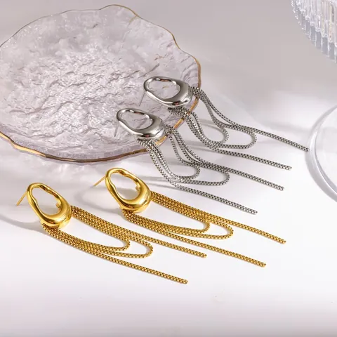 Modische Edelstahl Quasten Kette Ohrringe Für Damen High End Geometrische Unregelmäßige Oval Loop Lange Hängeohrringe Eleganter Schmuck