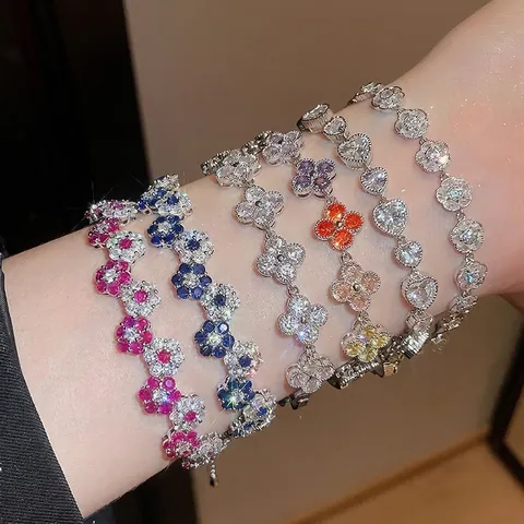Korean Exquisite Copper Zirconia Flower Bracelet Luxury Silver Color Pave Zircon Four Leaf Clover Heart Chain Bracelet For Women