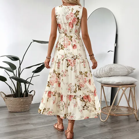 Women's Summer Floral Sleeveless Maxi Dress Elegant V-Neck Lace Trim Tiered Skirt Bohemian Drawstring Waist Beach Sun Dress