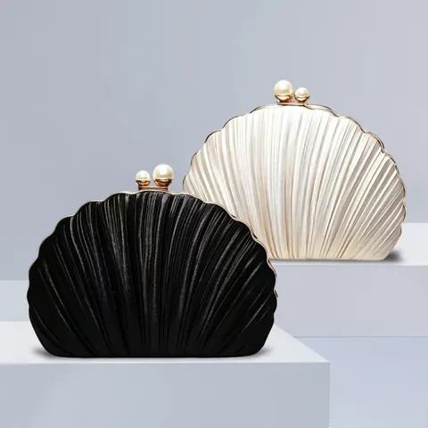 Shell Shaped Evening Clutch Bag Pleated Satin Satin Fabric Women With Metal Frame And Faux Artificial Pearl Clasp For Wedding Party