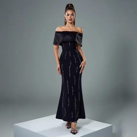 Luxus Schulterfrei Strass Abendkleid Satin Patchwork Slim Fit Schwarz Bodycon Lang Robe Für Hochzeit Party Damen