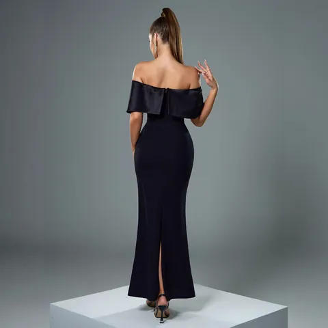 Luxus Schulterfrei Strass Abendkleid Satin Patchwork Slim Fit Schwarz Bodycon Lang Robe Für Hochzeit Party Damen