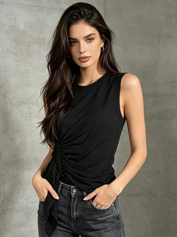 Top da Donna Senza Maniche Arricciato Slim Fit Girocollo Tinta Unita Orlo Asimmetrico Moda Cotone Poliestere Canotta Casual