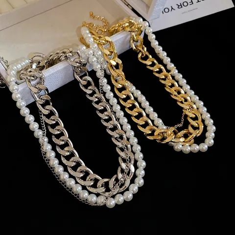 Retro Multi-Layer Metal Cuban Chain Necklace With Artificial Pearl For Women Punk Style Clavicle Chain Jewelry Gift