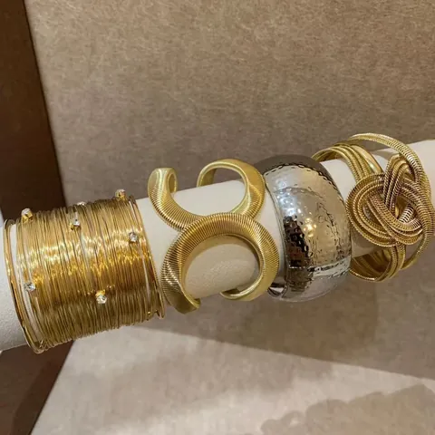 Women Copper Gold Silver Plated Multi-Layer Open Cuff Bracelet Fashion Hammered Texture Exaggerated Bangles Jewelry Gift