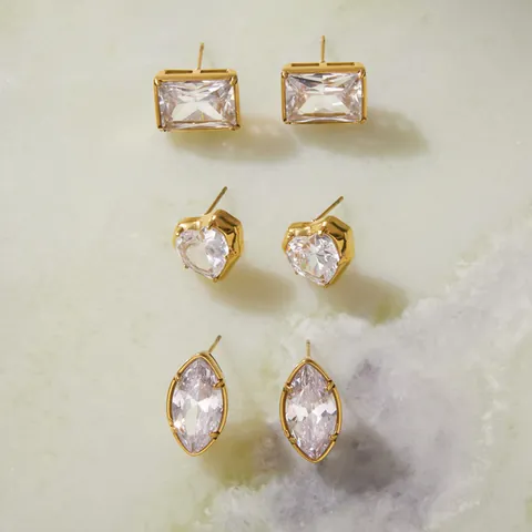Luxus Edelstahl Zirkonia Ohrstecker Für Damen Gold Vergoldet Herz Marquise Rechteck Geometrische Ohrringe Schmuck Halskette Geschenk