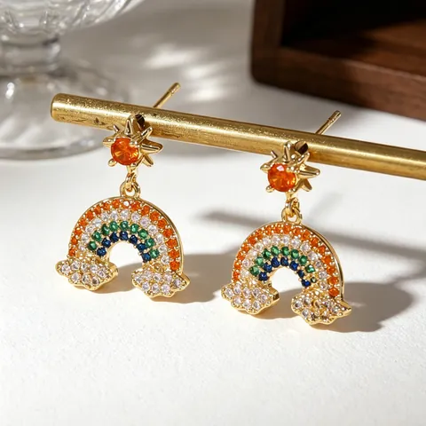 Pendientes de Gota de Nube y Arco Iris Coreanos para Mujer Chapados en Oro de Aleación con Diamantes de Imitación y Borlas