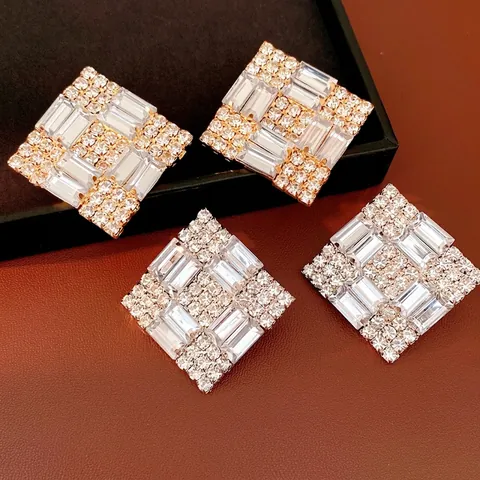 Exaggerated Rhombus Square Stud Earrings for Women Luxury Copper Pave Rhinestone Earrings with 925 Sterling Silver Post