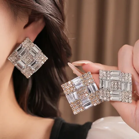 Exaggerated Rhombus Square Stud Earrings for Women Luxury Copper Pave Rhinestone Earrings with 925 Sterling Silver Post