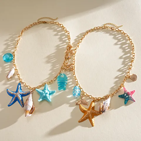 Collier Pendentif Étoile de Mer et Conque Style Vacances d'Été Chaîne en Fer Couleur Or Pendentifs Résine Femme Bijoux