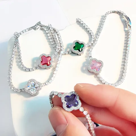 Luxury Copper Gold Plated Clover Flower Bracelet Elegant Tennis Chain Rhinestone Hand Jewelry For Women Party Birthday Gift