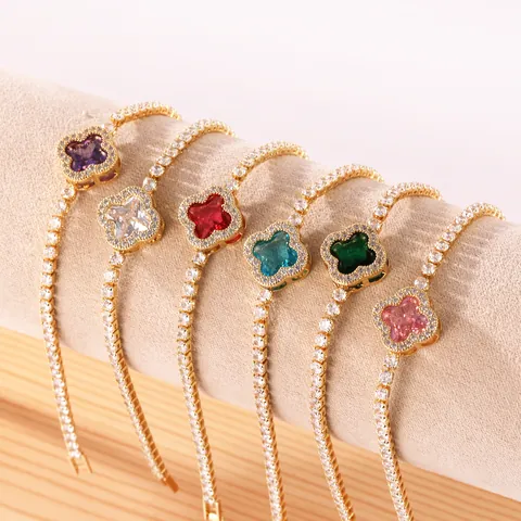 Luxury Copper Gold Plated Clover Flower Bracelet Elegant Tennis Chain Rhinestone Hand Jewelry For Women Party Birthday Gift