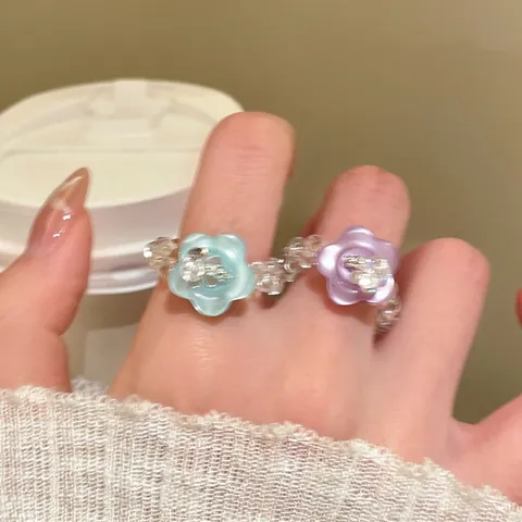 Sweet Colorful Artificial Crystal Flower Beaded Ring Girly Cute Floral Elastic Finger Ring For Women Daily Jewelry Gift