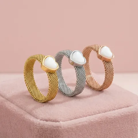 Korean Minimalist Stainless Steel Heart Ring Metal Mesh Weave Band Gold Rose Gold Silver Finger Ring For Women Artificial Pearl Jewelry