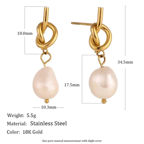 Boucles D'oreilles Puces En Acier Inoxydable Plaqué Or 18K Nœud Bouton Perle D'eau Douce Femmes Vintage Français