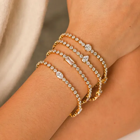 Luxury Stainless Steel Gold Plated Rhinestone Tennis Bracelet For Women Minimalist European Style High Shine Hand Jewelry Gift