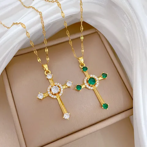 Collana Con Ciondolo A Croce Catena In Acciaio Al Titanio Rame Zirconia Cubica Elegante Gioiello Religioso Da Donna