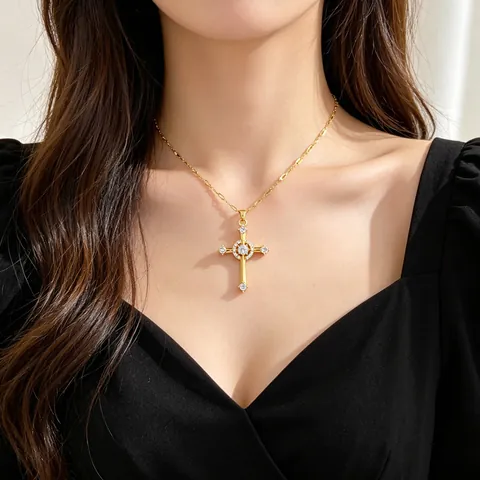 Collana Con Ciondolo A Croce Catena In Acciaio Al Titanio Rame Zirconia Cubica Elegante Gioiello Religioso Da Donna