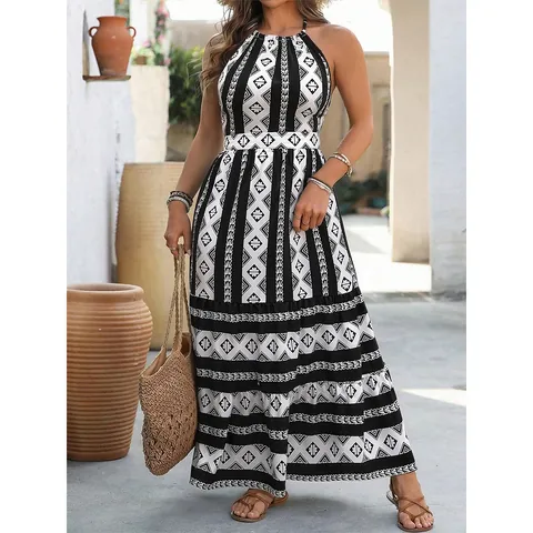Halterneck Maxi Kleid Für Damen Übergröße Böhmisch Geometrischer Druck Rückenfrei Ärmellos Gestuftes Urlaub Langes Kleid