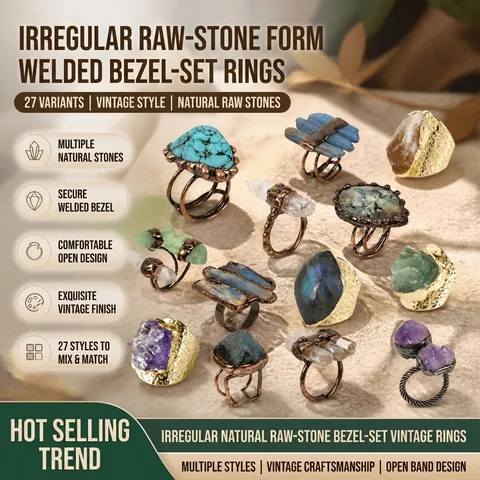 Vintage Natural Raw Gemstone Adjustable Open Ring Irregular Amethyst Turquoise Labradorite Lapis Lazuli Alloy Band Jewelry