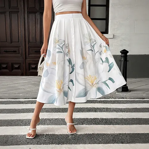 Dames Bloemenprint A-Lijn Midi-Rok Hoge Taille Knoopdecoratie Polyester Casual Vakantie Zoete Zomerrok