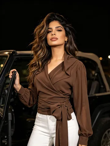 Damen Wasteland-Stil Kapuzen-Wickelhemd Langarm Schnürtaille Chiffon Durchsichtig Kaffee V-Ausschnitt Lässig Minimalistisch Top