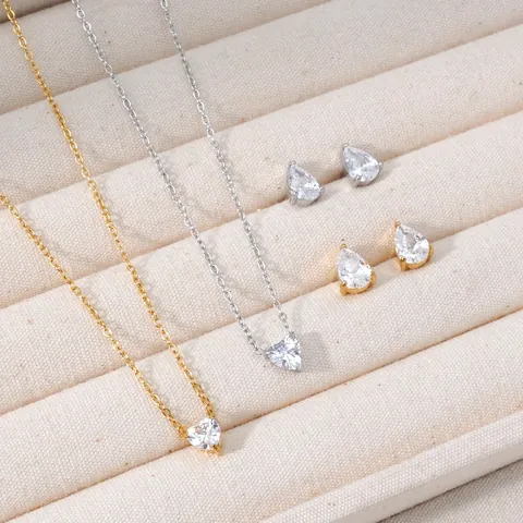 Joyas Minimalistas de Acero Inoxidable con Circonia Collar de Colgante de Corazón Pendientes de Botón de Gota de Agua para Mujer Joyería