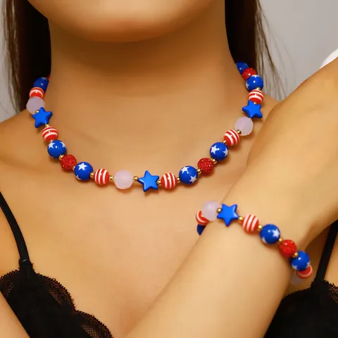 American Flag Theme Jewelry Alloy Enamel Rhinestone Independence Day Heart Wing Star Necklace Earrings Bracelet Brooch Women