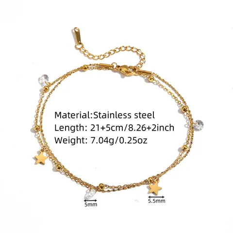 Stainless Steel Double Layer Star Anklet With Rhinestone Charm Gold Plated Metal Beads Summer Beach Foot Jewelry For Women