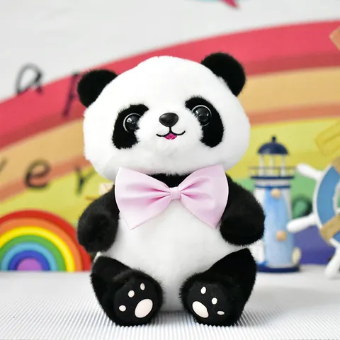 Niedliche Simulation Panda Plüschtier Realistische Sitzende Panda Puppe Bunte Schleife Dekorative Tier Kuscheltier Geschenk