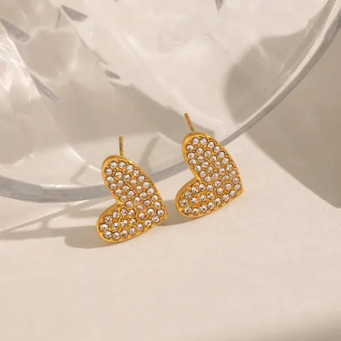Herzförmiger Edelstahl Schmuck Gold Vergoldet Rhinestone Halskette Ohrstecker Und Verstellbarer Offener Ring Für Damen