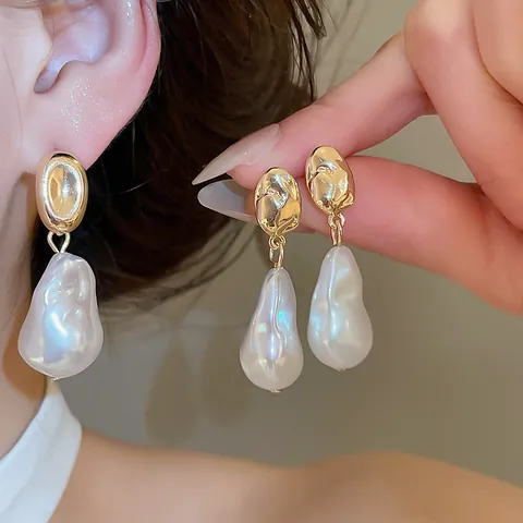 French Vintage Baroque Artificial Pearl Stud Earrings 925 Sterling Silver Earring Post Gold Irregular Metal Dangle Earrings Women Jewelry
