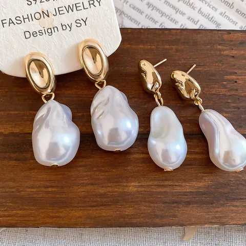 French Vintage Baroque Artificial Pearl Stud Earrings 925 Sterling Silver Earring Post Gold Irregular Metal Dangle Earrings Women Jewelry