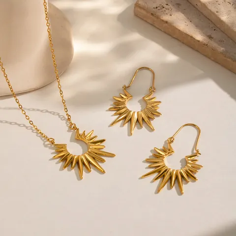 Sunburst Pendant Necklace And Spike Earrings 304 Stainless Steel 18K Gold Plated Waterproof Jewelry For Women