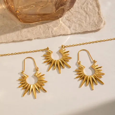 Sunburst Pendant Necklace And Spike Earrings 304 Stainless Steel 18K Gold Plated Waterproof Jewelry For Women