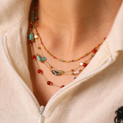 Colorful Natural Stone Bead Stainless Steel Necklace For Women Gold Plated Dainty Clavicle Chain Jewelry Accessory