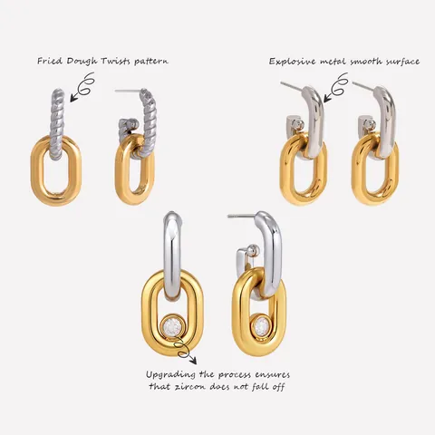 Boucles d'Oreilles Clous en Forme de U Géométriques Entrelacées Bicolores en Acier Inoxydable de Mode pour Femmes Bijoux en Strass