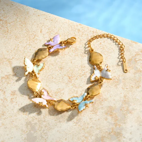 European American Minimalist Stainless Steel Enamel Butterfly Bracelet For Women 18K Gold Plated Colorful Waterdrop Charm Bracelet Jewelry