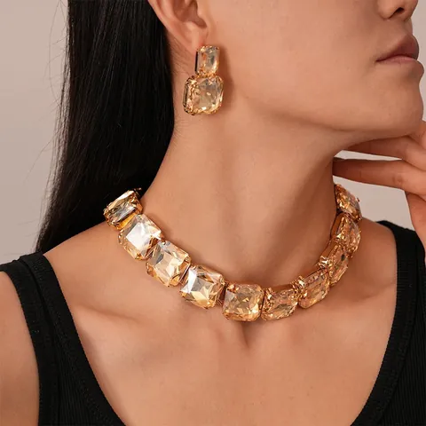 Collana E Orecchini Con Strass Quadrati Oversize Lega Geometrica Accessorio Da Party Alla Moda Gioielli Per Donna