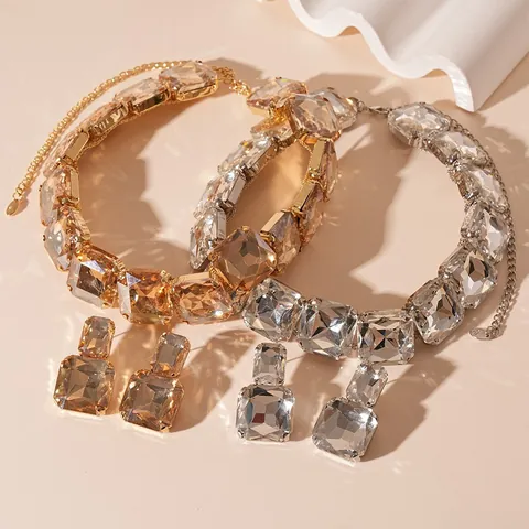 Collana E Orecchini Con Strass Quadrati Oversize Lega Geometrica Accessorio Da Party Alla Moda Gioielli Per Donna