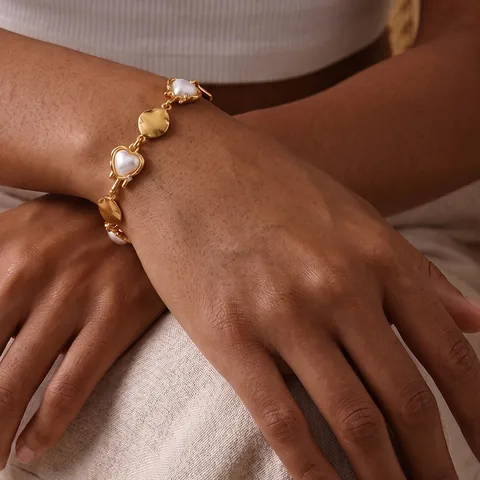 18K Gold Plated Stainless Steel Artificial Pearl Rhinestone Heart Geometric Bracelet For Women French Luxury Jewelry