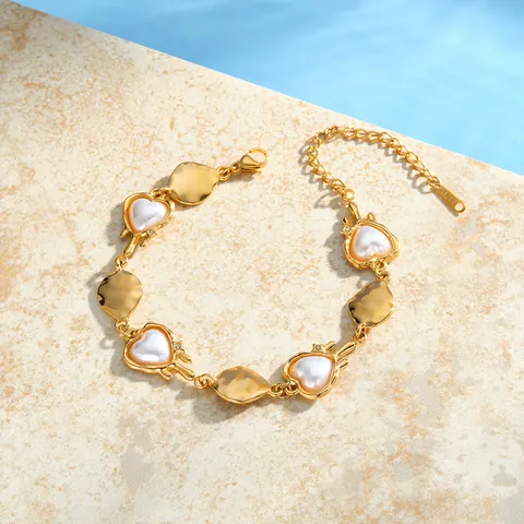 18K Gold Plated Stainless Steel Artificial Pearl Rhinestone Heart Geometric Bracelet For Women French Luxury Jewelry